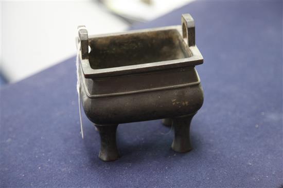 A Chinese bronze fang ding censer, Qing dynasty, height 13.5cm width 12.5cm